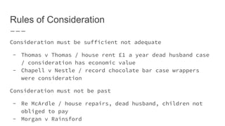 Rules of Consideration
Consideration must be sufficient not adequate
- Thomas v Thomas / house rent £1 a year dead husband case
/ consideration has economic value
- Chapell v Nestle / record chocolate bar case wrappers
were consideration
Consideration must not be past
- Re McArdle / house repairs, dead husband, children not
obliged to pay
- Morgan v Rainsford
 