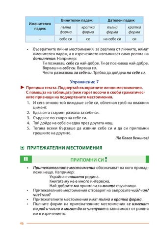 46
Именителен
падеж
Винителен падеж Дателен падеж
пълна
форма
кратка
форма
пълна
форма
кратка
форма
– себе си се на себе си си
•	 Възвратните лични местоимения, за разлика от личните, нямат
именителен падеж, а в изречението изпълняват само ролята на
допълнение. Например:
Ти познаваш себе си най-добре. Ти се познаваш най-добре.
Вярваш на себе си. Вярваш си.
Често разказваш за себе си. Трябва да дойдеш на себе си.
Упражнение 7
► Препиши текста. Подчертай възвратните лични местоимения.
С помощта на таблицата (виж горе) посочи в скоби граматичес-
ките признаци на подчертаните местоимения.
1.	 И сега отново той виждаше себе си, облегнал гръб на влажния
цимент.
2.	 Едва сега старият разказа за себе си.
3.	 Сърдя се по-скоро на себе си.
4.	 Той дойде на себе си едва през другата нощ.
5.	 Тогава всеки бързаше да извини себе си и да си припомни
грешките на другите.
(По Павел Вежинов)
‹‹ ПРИТЕЖАТЕЛНИ МЕСТОИМЕНИЯ
П ПРИПОМНИ СИ !
•	 Притежателните местоимения обозначават на кого принад-
лежи нещо. Например:
Украйна е нашата родина.
Книгата му не е много интересна.
Най-добрите ми приятели са моите съученици.
•	 Притежателните местоимения отговарят на въпросите чий? чия?
чие? чии?
•	 Притежателните местоимения имат пълна и кратка форма.
•	 Пълните форми на притежателните местоимения се изменят
по род и число и могат да се членуват в зависимост от ролята
им в изречението.
Право для безоплатного розміщення підручника в мережі Інтернет має
Міністерство освіти і науки України https://mon.gov.ua та Інститут модернізації змісту освіти https://imzo.gov.ua/
 