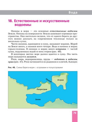 Вода
Рис. 46. Схема берега моря с островами и полуостровами
Остров
Залив
Пролив
Полуостров
18. Естественные и искусственные
водоемы
Океаны и моря — это основные естественные водоемы
Земли. Океаны на поверхности Земли занимают огромные про-
странства. Они настолько велики, что от одного берега до дру-
гого можно доплыть на современном теплоходе только за
несколько суток.
Части океанов, вдающиеся в сушу, называют морями. Морей
на Земле много, а океанов всего четыре. Вода в океанах и морях
горько соленая. В океанах и морях много островов — частей
суши, окруженных водой со всех сторон (рис. 46).
В некоторых местах море далеко вдается в сушу. Эта часть
моря называется заливом.
Реки, озера, водохранилища, пруды — водотоки и водоемы
суши (рис. 47). Реки начинаются из родников и ключей, бьющих
79
 