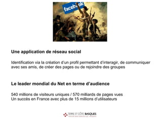 Une application de réseau social Identification via la création   d’un profil permettant d’interagir, de communiquer avec ses amis, de créer des pages ou de rejoindre des groupes Le leader mondial du Net en terme d’audience 540 millions de visiteurs uniques / 570 milliards de pages vues Un succès en France avec plus de 15 millions d’utilisateurs  