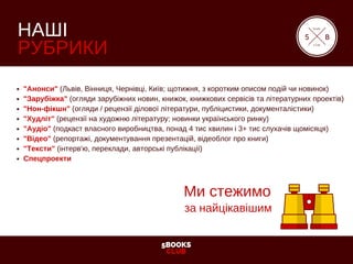 5BOOKS
CLUB
НАШІ
РУБРИКИ
"Анонси" (Львів, Вінниця, Чернівці, Київ; щотижня, з коротким описом подій чи новинок)
"Зарубіжка" (огляди зарубіжних новин, книжок, книжкових сервісів та літературних проектів)
"Нон­фікшн" (огляди / рецензії ділової літератури, публіцистики, документалістики)
"Худліт" (рецензії на художню літературу; новинки українського ринку)
"Аудіо" (подкаст власного виробництва, понад 4 тис хвилин і 3+ тис слухачів щомісяця)
"Відео" (репортажі, документування презентацій, відеоблог про книги)
"Тексти" (інтерв'ю, переклади, авторські публікації)
Спецпроекти
5
book
club
B
Ми стежимо
за найцікавішим
 
