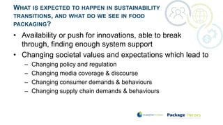 WHAT IS EXPECTED TO HAPPEN IN SUSTAINABILITY
TRANSITIONS, AND WHAT DO WE SEE IN FOOD
PACKAGING?
• Availability or push for innovations, able to break
through, finding enough system support
• Changing societal values and expectations which lead to
– Changing policy and regulation
– Changing media coverage & discourse
– Changing consumer demands & behaviours
– Changing supply chain demands & behaviours
 