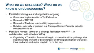WHAT DO WE STILL NEED? WHAT DO WE
KNOW IS ONGOING/COMING?
• Facilitated dialogues and negotiation ongoing
– Green deal implementation of SUP-directive
– Renewal of MATSIT
– Renewal of Producer responsibility organizations
– But also, externally organized, e.g. Package Heroes’ Perjantai pakettiin
conversation series
• Package Heroes: takes on a change facilitator role (WP1, in
collaboration with all other WPs):
– Organizing a Transition Arena – aiming to produce transition pathways - by
deciding where we want to be concretely and then planning how we will get
there and what each actor needs to do on the way.
 