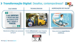 Transformação Digital: Desafios, contemporâneos?
CULTURAIS TECNOLÓGICOS AGREGAÇÃO DE VALOR
#entregaagil #processosdigitais
Mantendo o foco nas pessoas
sempre!
Como diferencial e que impacte
o ecossistema com inovação.
Que promova experiência
contínua.
 
