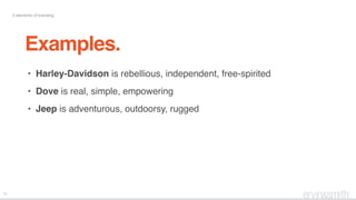 20
5 elements of branding
Examples.
• Harley-Davidson is rebellious, independent, free-spirited
• Dove is real, simple, empowering
• Jeep is adventurous, outdoorsy, rugged
 
