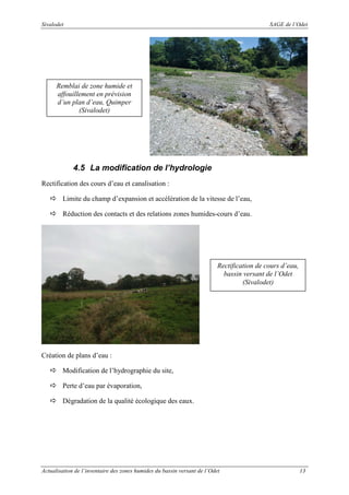 Sivalodet

SAGE de l’Odet

Remblai de zone humide et
affouillement en prévision
d’un plan d’eau, Quimper
(Sivalodet)

4.5 La modification de l’hydrologie
Rectification des cours d’eau et canalisation :
Limite du champ d’expansion et accélération de la vitesse de l’eau,
Réduction des contacts et des relations zones humides-cours d’eau.

Rectification de cours d’eau,
bassin versant de l’Odet
(Sivalodet)

Création de plans d’eau :
Modification de l’hydrographie du site,
Perte d’eau par évaporation,
Dégradation de la qualité écologique des eaux.

Actualisation de l’inventaire des zones humides du bassin versant de l’Odet

13

 