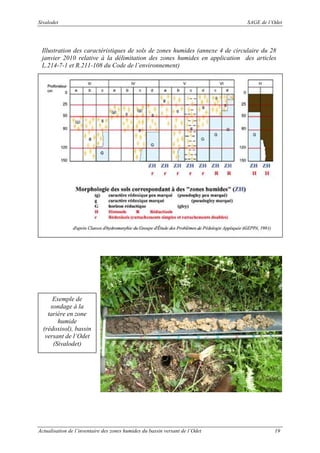Sivalodet

SAGE de l’Odet

Illustration des caractéristiques de sols de zones humides (annexe 4 de circulaire du 28
janvier 2010 relative à la délimitation des zones humides en application des articles
L.214-7-1 et R.211-108 du Code de l’environnement)

Exemple de
sondage à la
tarière en zone
humide
(rédoxisol), bassin
versant de l’Odet
(Sivalodet)

Actualisation de l’inventaire des zones humides du bassin versant de l’Odet

19

 