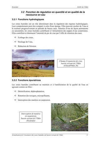 Sivalodet

SAGE de l’Odet

3.2 Fonction de régulation en quantité et en qualité de la
ressource en eau
3.2.1 Fonctions hydrologiques
Les zones humides ont un rôle déterminant dans la régulation des régimes hydrologiques.
Leur comportement peut être comparé à celui d'une éponge. Elles peuvent stocker de l’eau et
la restituer progressivement en période de basses eaux. Saturées d’eau de façon permanente
ou saisonnière, les zones humides contribuent à l’alimentation des nappes d’eau souterraines.
Elles contrôlent et diminuent l’intensité du pic de crue par l’effet de rétention des eaux.
Ecrêtage des crues,
Stockage de l’eau,
Réduction de l'érosion.

Champ d’expansion de crue,
bassin versant de l’Odet
(FDAAPPMA 29)

3.2.2 Fonctions épuratrices
Les zones humides contribuent au maintien et à l'amélioration de la qualité de l'eau en
agissant comme un filtre :
Dénitrification, déphosphatation,
Rétention des toxiques, micropolluants,
Interception des matières en suspension.

Interception de matière
en suspension,
bassin versant de l’Odet
(Sivalodet)

Actualisation de l’inventaire des zones humides du bassin versant de l’Odet

8

 