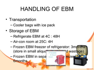 HANDLING OF EBM
• Transportation
– Cooler bags with ice pack
• Storage of EBM
– Refrigerate EBM at 4C : 48H
– Air-con room at 25C: 4H
– Frozen EBM freezer of refrigerator: 3months
(store in small aliquots to reduced wastage)
– Frozen EBM in separate deep freezer -19C:
6months
 
