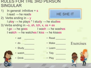 1) In general: infinitive + s
I read → he reads
2) Verbs ending in – y
I play → he plays * I study → he studies
3) Verbs ending in –o, sh, tch, x, ss + es
I go → he goes I wash → he washes
I watch → he watches I kiss → he kisses
RULES FOR THE 3RD PERSON
SINGULAR
HE SHE IT
Exercises
• eat _______
• do _______
• Study_______
• watch_______
• Drink _______
• Read _______
• Make _______
• Learn _______
• Tidy _______
• Play _______
 
