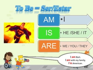 •IAM
• HE /SHE / ITIS
• WE / YOU / THEYARE
I am Bart.
I am with my family.
I’m American.
 