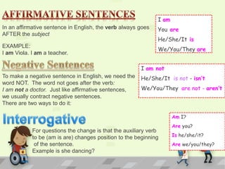 In an affirmative sentence in English, the verb always goes
AFTER the subject
EXAMPLE:
I am Viola. I am a teacher.
To make a negative sentence in English, we need the
word NOT. The word not goes after the verb:
I am not a doctor. Just like affirmative sentences,
we usually contract negative sentences.
There are two ways to do it:
I am
You are
He/She/It is
We/You/They are
I am not
He/She/It is not - isn’t
We/You/They are not - aren’t
For questions the change is that the auxiliary verb
to be (am is are) changes position to the beginning
of the sentence.
Example is she dancing?
Am I?
Are you?
Is he/she/it?
Are we/you/they?
 