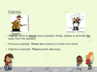 THOSE
• THOSE refers to plural nouns (people, things, places or animals) far
away from the speaker.
• Pronoun example: Those are workers on strike over there.
• Adjective example: Those people are angry.
32
Speake
r
 