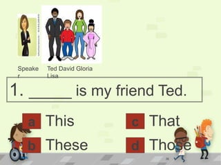 a
1. _____ is my friend Ted.
This
Theseb d
c That
Those
Ted David Gloria
Lisa
Speake
r
36
 