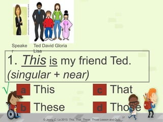 a
1. This is my friend Ted.
(singular + near)
This
© Jenny C. La 2013. This, That, These, Those Lesson and Quiz.
√
Theseb d
c That
Those
Speake
r
Ted David Gloria
Lisa
37
 