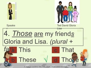 a
4. Those are my friends
Gloria and Lisa. (plural +
far) This
© Jenny C. La 2013. This, That, These, Those Lesson and Quiz.
Theseb d
c That
Those√ 43
Speake
r
Ted David Gloria
Lisa
 