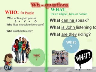 WHO: for People
Who writes good pems?
S + V + O
Who likes chocolate ice cream?
Who crashed his car?
WHAT:
for an Object, Idea or Action
What can he speak?
What is John listening to
What are they riding?
What
?
 
