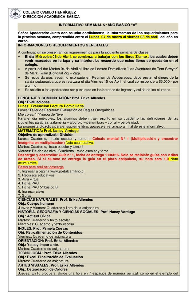 COLEGIO CAMILO HENRÍQUEZ
DIRECCIÓN ACADÉMICA BÁSICA
INFORMATIVO SEMANAL 5° AÑO BÁSICO “A”
Señor Apoderado: Junto con salud...
