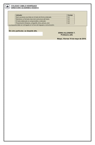 COLEGIO CAMILO HENRÍQUEZ
DIRECCIÓN ACADÉMICA BÁSICA
Indicador Puntaje
Narra acciones ocurridas en el texto de forma ordenada. 0,5
Mantiene un formato claro de la estructura del texto. 0,5
El texto elaborado es comprensible y ordenado 0,5
Presentación (limpieza, ortografía, letra, pintura, etc) 0,5
La propuesta debe ser entregada en la hora de lenguaje y comunicación.
Sin otro particular, se despide atte.
ERIKA ALLENDES T.
Profesora Jefe
Maipú, Viernes 10 de mayo de 2016.
 