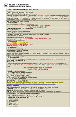 COLEGIO CAMILO HENRÍQUEZ
DIRECCIÓN ACADÉMICA BÁSICA
LENGUAJE Y COMUNICACIÓN: Prof. Erika Allendes
Obj.: Comic.
Lunes: Cuaderno de asignatura y texto escolar.
Taller de Escritura: Cuadernillo prepicado. Diccionario
Miércoles: Cuaderno de asignatura y texto escolar Traer LIBRO ZIEMAX todos los miércoles (cuadernillo y
texto). El día Miércoles los alumnos deben traer las definiciones de las siguientes palabras: CABALLERO –
CONVULSIVAMENTE – SUCCIÓN – TRASTORNADO – TEJADO – MANÍACO – CÁPSULA –
NABUCODONOSOR – CONTROVERSIA - DÉFICIT.
MATEMÁTICA: Prof.: Nancy Verdugo
Obj.: Fracciones.
Lunes, Martes y Viernes: Cuaderno, texto escolar y tomo II
TRAER TODAS LAS CLASES TOMO I Y II
PRACTICAR ODEAS EN CASA
CIENCIAS NATURALES: Prof. Erika Allendes
Obj.: La Electricidad.
Jueves: Cuaderno y libro de la asignatura.
Viernes: Cambio de Actividad.
HISTORIA, GEOGRAFÍA Y CIENCIAS SOCIALES: Prof.: Nancy Verdugo
Obj.: Conquista de América.
Martes y Miércoles: Cuaderno y texto escolar.
TRAER DESTACADOR TODAS LAS CLASES
INGLES: Prof. Pamela Cuevas
Obj.: Evaluación.
Viernes: PRUEBA DE ASIGNATURA
EL TEMARIO FUE ENTREGADO EN CLASES.
ORIENTACIÓN: Prof. Erika Allendes
Obj.: Tolerancia.
Martes: Cuaderno de la asignatura.
TECNOLOGÍA: Prof. Erika Allendes
Obj.: Circuitos Eléctricos.
Martes: Traer: Trozo de cartón piedra de 20 x 30 cm. Aprox., - Témpera – Pincel - Vaso para el agua - Toalla de
papel - Diario para la mesa.
MÚSICA: Prof. Erika Allendes
Obj: Improvisaciones
Jueves: Cuaderno de la asignatura. Inicio de evaluaciones de canciones preparadas en clases anteriores.
EDUCACIÓN FÍSICA Y SALUD:
Obj.: Handbol
Los alumnos deben traer los útiles de aseo, polera de Ed. Física y polera de cambio GRIS y botella para el
agua. Evaluación diagnóstica. Enviar certificado que acredite salud compatible para la realización de actividad
física.
NIÑAS DEBEN VENIR CON EL PELO TOMADO
PRACTICAR EN CASA HANDBALL
RELIGIÓN: Prof. Yáremi Ibáñez
Obj.: Conocer valor de la Responsabilidad.
MIércoles: Cuaderno y lápices de colores.
AULA VIRTUAL / BIBLIOTECA VIRTUAL:
 PPT CONQUISTA DE AMÉRICA- SEGUNDA PARTE
 ODEAS ÁREA Y PERÍMETRO
CALENDARIO DE EVALUACIONES
Revisar desde el Home o página de inicio del portal Camilino el Calendario de Pruebas del mes:
http://portalcamilino.cl/web/index.php/recursos-educativos/calendario-de-pruebas
TEST ME PREPARO:
INGLÉS: Desde viernes 14 de octubre (19:00 horas) al viernes 2m1 de octubre (14:00 horas)
HISTORIA: Desde miércoles 19 de octubre hasta miércoles 26 de octubre
CIENCIAS: Desde jueves 20 de octubre hasta jueves 27 de octubre
MATEMÁTICA: Desde viernes 21 de octubre (19:00 horas) al viernes 28 de octubre (14:00 horas)
NIVELACIONES PAC Y/ TALLER DE PSICOPEDAGOGÍA:
NIVELACIÓN PAC MATEMÁTICA: Profesora Nancy Verdugo
Día Miércoles 13: 45 A 14: 45 HORAS.
 Catalina Andrade
 Alexis Encalada
 Ignacia Frost
 Martín Panes
 Martín Venegas
 Felipe Vásquez
 