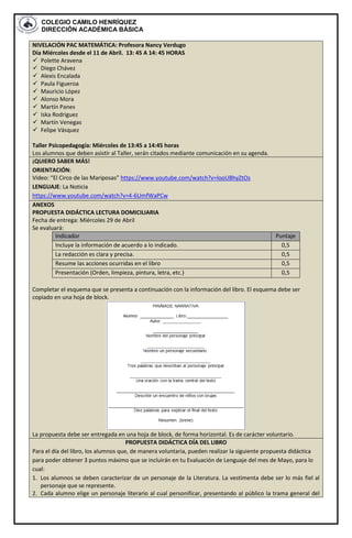 COLEGIO CAMILO HENRÍQUEZ
DIRECCIÓN ACADÉMICA BÁSICA
NIVELACIÓN PAC MATEMÁTICA: Profesora Nancy Verdugo
Día Miércoles desde el 11 de Abril. 13: 45 A 14: 45 HORAS
 Polette Aravena
 Diego Chávez
 Alexis Encalada
 Paula Figueroa
 Mauricio López
 Alonso Mora
 Martín Panes
 Iska Rodriguez
 Martín Venegas
 Felipe Vásquez
Taller Psicopedagogía: Miércoles de 13:45 a 14:45 horas
Los alumnos que deben asistir al Taller, serán citados mediante comunicación en su agenda.
¡QUIERO SABER MÁS!
ORIENTACIÓN:
Video: “El Circo de las Mariposas” https://www.youtube.com/watch?v=looUBhyZtOs
LENGUAJE: La Noticia
https://www.youtube.com/watch?v=4-6UmfWaPCw
ANEXOS
PROPUESTA DIDÁCTICA LECTURA DOMICILIARIA
Fecha de entrega: Miércoles 29 de Abril
Se evaluará:
Indicador Puntaje
Incluye la información de acuerdo a lo indicado. 0,5
La redacción es clara y precisa. 0,5
Resume las acciones ocurridas en el libro 0,5
Presentación (Orden, limpieza, pintura, letra, etc.) 0,5
Completar el esquema que se presenta a continuación con la información del libro. El esquema debe ser
copiado en una hoja de block.
La propuesta debe ser entregada en una hoja de block, de forma horizontal. Es de carácter voluntario.
PROPUESTA DIDÁCTICA DÍA DEL LIBRO
Para el día del libro, los alumnos que, de manera voluntaria, pueden realizar la siguiente propuesta didáctica
para poder obtener 3 puntos máximo que se incluirán en tu Evaluación de Lenguaje del mes de Mayo, para lo
cual:
1. Los alumnos se deben caracterizar de un personaje de la Literatura. La vestimenta debe ser lo más fiel al
personaje que se represente.
2. Cada alumno elige un personaje literario al cual personificar, presentando al público la trama general del
 