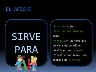 EL AFICHE
SIRVE
PARA
•Anunciar algo
•Crear un ambiente de
sala
•Mentalizar un tema que
se va a desarrollar
•Realizar una campaña
•Finalizar un tema, como
trabajo de síntesis
 