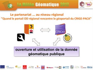 Le partenariat ... au niveau régional
’’Quand le portail OD régional rencontre le géoportail du CRIGE-PACA’’




           ouverture et utilisation de la donnée
           ouverture et utilisation de la donnée
                  géomatique publique
                  géomatique publique
 