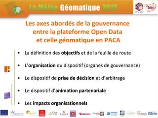 Les axes abordés de la gouvernance
     entre la plateforme Open Data
       et celle géomatique en PACA
• La définition des objectifs et de la feuille de route

• L’organisation du dispositif (organes de gouvernance)

• Le dispositif de prise de décision et d’arbitrage

• Le dispositif d’animation partenariale

• Les impacts organisationnels
 