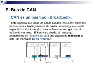 CAN es un bus tipo «Broadcast».
●
Esto significa que todos los nodos pueden "escuchar" todas las
transmisiones. No hay manera de enviar un mensaje a un nodo
específico; todos los nodos, invariablemente, recoger todo el
tráfico de menajes. El hardware puede, sin embargo,
proporcionar un filtrado local para que cada nodo reaccione a
sólo los mensajes de su "interés".
El Bus de CAN
 