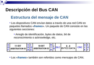 Estructura del mensaje de CAN
●
Los dispositivos CAN envían datos a través de una red CAN en
paquetes llamados «frames». Un paquete de CAN consiste en las
siguientes secciones:
●
Arreglo de identificación, bytes de datos, bit de
reconocimiento o acknowledge, etc.
●
Los «frames» también son referidos como mensajes de CAN.
Descripción del Bus CAN
 