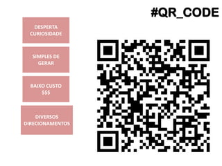 #QR_CODE
DESPERTA
CURIOSIDADE

SIMPLES DE
GERAR

BAIXO CUSTO
$$$

DIVERSOS
DIRECIONAMENTOS

 