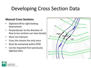 Developing Cross Section Data
Manual Cross Sections
• Digitized left to right looking
downstream
• Perpendicular to the direction of
flow (cross sections can have bends)
• Must not intersect
• Cross the stream line only once
• Must be contained within DTM
• Can be imported from previously
digitized data
 