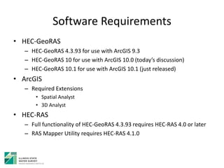 Software Requirements
• HEC-GeoRAS
– HEC-GeoRAS 4.3.93 for use with ArcGIS 9.3
– HEC-GeoRAS 10 for use with ArcGIS 10.0 (today’s discussion)
– HEC-GeoRAS 10.1 for use with ArcGIS 10.1 (just released)
• ArcGIS
– Required Extensions
• Spatial Analyst
• 3D Analyst
• HEC-RAS
– Full functionality of HEC-GeoRAS 4.3.93 requires HEC-RAS 4.0 or later
– RAS Mapper Utility requires HEC-RAS 4.1.0
 