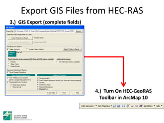 Export GIS Files from HEC-RAS
3.) GIS Export (complete fields)
4.) Turn On HEC-GeoRAS
Toolbar in ArcMap 10
 