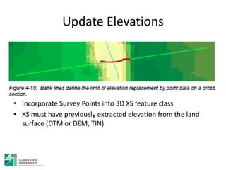 Update Elevations
• Incorporate Survey Points into 3D XS feature class
• XS must have previously extracted elevation from the land
surface (DTM or DEM, TIN)
 