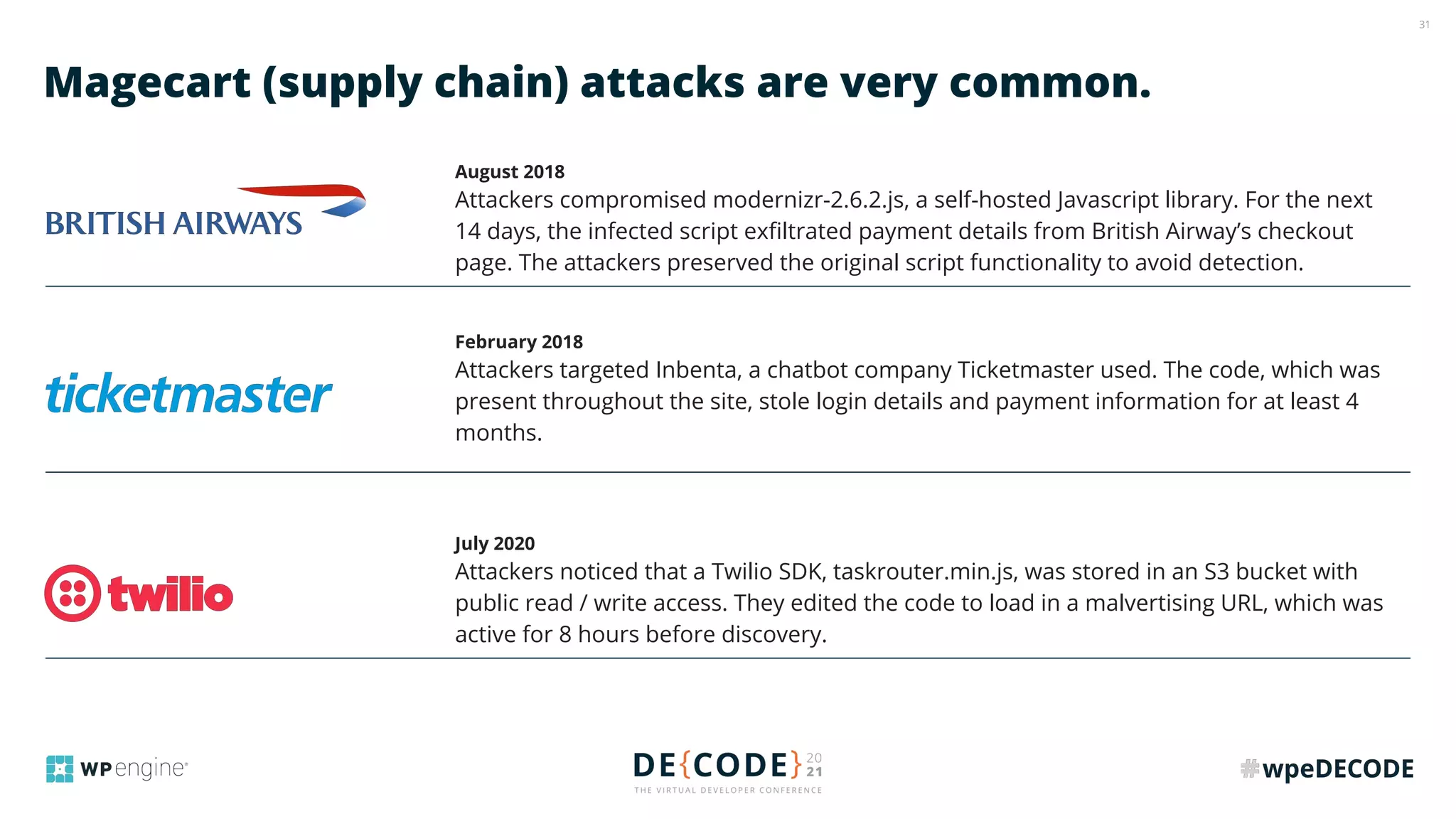 31
Magecart (supply chain) attacks are very common.
August 2018
Attackers compromised modernizr-2.6.2.js, a self-hosted Javascript library. For the next
14 days, the infected script exﬁltrated payment details from British Airway’s checkout
page. The attackers preserved the original script functionality to avoid detection.
February 2018
Attackers targeted Inbenta, a chatbot company Ticketmaster used. The code, which was
present throughout the site, stole login details and payment information for at least 4
months.
July 2020
Attackers noticed that a Twilio SDK, taskrouter.min.js, was stored in an S3 bucket with
public read / write access. They edited the code to load in a malvertising URL, which was
active for 8 hours before discovery.
 