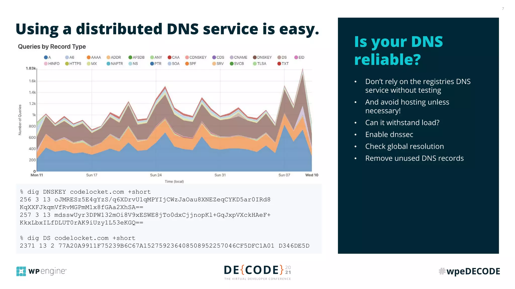 7
• Don’t rely on the registries DNS
service without testing
• And avoid hosting unless
necessary!
• Can it withstand load?
• Enable dnssec
• Check global resolution
• Remove unused DNS records
Is your DNS
reliable?
Using a distributed DNS service is easy.
% dig DNSKEY codelocket.com +short
256 3 13 oJMRESz5E4gYzS/q6XDrvU1qMPYIjCWzJaOau8XNEZeqCYKD5ar0IRd8
KqXXFJkqmVfRvMGPmM1x8fGAa2XhSA==
257 3 13 mdsswUyr3DPW132mOi8V9xESWE8jTo0dxCjjnopKl+GqJxpVXckHAeF+
KkxLbxILfDLUT0rAK9iUzy1L53eKGQ==
% dig DS codelocket.com +short
2371 13 2 77A20A9911F75239B6C67A152759236408508952257046CF5DFC1A01 D346DE5D
 