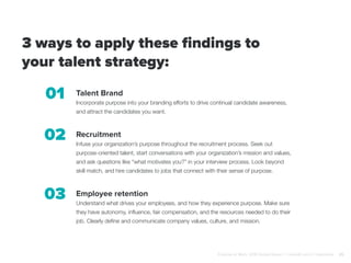 3 ways to apply these findings to
your talent strategy:
Talent Brand
Incorporate purpose into your branding efforts to drive continual candidate awareness,
and attract the candidates you want.
Employee retention
Understand what drives your employees, and how they experience purpose. Make sure
they have autonomy, influence, fair compensation, and the resources needed to do their
job. Clearly define and communicate company values, culture, and mission.
Recruitment
Infuse your organization’s purpose throughout the recruitment process. Seek out
purpose-oriented talent, start conversations with your organization’s mission and values,
and ask questions like “what motivates you?” in your interview process. Look beyond
skill match, and hire candidates to jobs that connect with their sense of purpose.
01
02
03
Purpose at Work, 2016 Global Report | LinkedIn and © Imperative 26
 