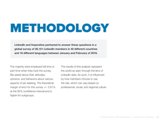 Methodology
The majority were employed full-time or
part-time when they took the survey.
We asked about their attitudes,
opinions, and behaviors about various
aspects of job seeking. The theoretical
margin of error for this survey +/- 0.61%
at the 95% confidence interval and is
higher for subgroups.
The results of this analysis represent
the world as seen through the lens of
LinkedIn data. As such, it is influenced
by how members choose to use
the site, which can vary based on
professional, social, and regional culture.
LinkedIn and Imperative partnered to answer these questions in a
global survey of 26,151 LinkedIn members in 40 different countries
and 16 different languages between January and February of 2016.
Purpose at Work, 2016 Global Report | LinkedIn and © Imperative 28
 