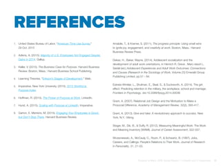 References
1.	 United States Bureau of Labor, “American Time Use Survey.”
29 Oct. 2015
2.	 Adkins, A. (2015). Majority of U.S. Employees Not Engaged Despite
Gains in 2014. Gallup.
3.	 Keller, V. (2015). The Business Case for Purpose. Harvard Business
Review. Boston, Mass.: Harvard Business School Publishing.
4.	 Learning Theories. “Erikson’s Stages of Development.” Web.
5.	 Imperative, New York University. (2015). 2015 Workforce
Purpose Index.
6.	 Hoffman, R. (2015). The Power of Purpose at Work. LinkedIn.
7.	 Hurst, A. (2015). Scaling with Purpose at LinkedIn. Imperative.
8.	 Garton, E. Mankins, M. (2015). Engaging Your Employees is Good,
but Don’t Stop There. Harvard Business Review.
Amabile, T., & Kramer, S. (2011). The progress principle: Using small wins
to ignite joy, engagement, and creativity at work. Boston, Mass.: Harvard
Business Review Press.
Dekas, H., Baker, Wayne. (2014), Adolescent socialization and the
development of adult work orientations, in Henrich R. Greve , Marc-david L.
Seidel (ed.) Adolescent Experiences and Adult Work Outcomes: Connections
and Causes (Research in the Sociology of Work, Volume 25) Emerald Group
Publishing Limited, pp.51 - 84.
Eskreis-Winkler, L., Shulman, E., Beal, S., & Duckworth, A. (2014). The grit
effect: Predicting retention in the military, the workplace, school and marriage.
Frontiers in Psychology. doi:10.3389/fpsyg.2014.00036
Grant, A. (2007). Relational Job Design and the Motivation to Make a
Prosocial Difference. Academy of Management Review, 32(2), 393-417.
Grant, A. (2013). Give and take: A revolutionary approach to success. New
York, N.Y.: Viking.
Steger, M., Dik, B., & Duffy, R. (2012). Measuring Meaningful Work: The Work
and Meaning Inventory (WAMI). Journal of Career Assessment, 322-337.
Wrzesniewski, A., McCauly, C., Rozin, P., & Schwartz, B. (1997). Jobs,
Careers, and Callings: People’s Relations to Their Work. Journal of Research
in Personality, 31, 21-33.
Purpose at Work, 2016 Global Report | LinkedIn and © Imperative 31
 