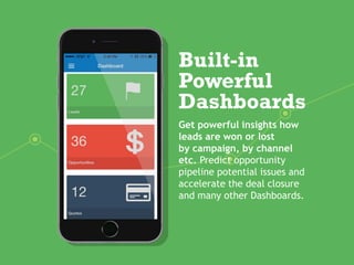 Built-in
Powerful
Dashboards
Get powerful insights how
leads are won or lost
by campaign, by channel
etc. Predict opportunity
pipeline potential issues and
accelerate the deal closure
and many other Dashboards.
 
