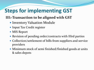 Steps for implementing GST
III:-Transaction to be aligned with GST
 Inventory Valuation Module
 Input Tax Credit register
 MIS Report
 Revision of pending order/contracts with IIIrd parties
 Collection/settlement of bills from suppliers and service
providers
 Minimum stock of semi finished/finished goods at units
& sales depots
 