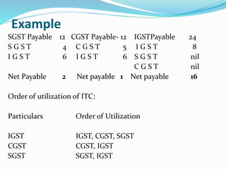 Example
SGST Payable 12 CGST Payable- 12 IGSTPayable 24
S G S T 4 C G S T 5 I G S T 8
I G S T 6 I G S T 6 S G S T nil
C G ...