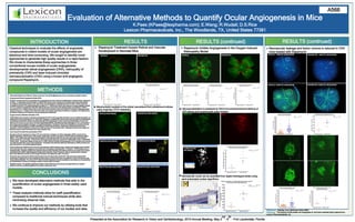 INTRODUCTION
Evaluation of Alternative Methods to Quantify Ocular Angiogenesis in Mice
K.Paes (KPaes@lexpharma.com); E.Wang; R.Wudali; D.S.Rice
Lexicon Pharmaceuticals, Inc., The Woodlands, TX, United States 77381
Presented at the Association for Research in Vision and Ophthalmology, 2010 Annual Meeting, May 2
nd
- 6
th
– Fort Lauderdale, Florida
Classical techniques to evaluate the effects of angiostatic
compounds in rodent models of ocular angiogenesis are
laborious and time consuming. We sought to identify novel
approaches to generate high quality results in a rapid fashion.
We chose to characterize these approaches in three
conventional mouse models of ocular angiogenesis:
developmental retinal angiogenesis (DRA), retinopathy of
prematurity (OIR) and laser-induced choroidal
neovascularization (CNV) using a known anti-angiogenic
compound Rapamycin.
Disclosure: The authors of this poster are employees of, and have received stock options from,
Lexicon Pharmaceuticals, Inc
References: Dejneka, et.al. Molecular Vision 2004.
A566
RESULTS RESULTS (continued)
CONCLUSIONS
METHODS
Rapamycin Treatment Impairs Retinal and Vascular
Development in Neonatal Mice.
Rapamycin Inhibits Angiogenesis in the Oxygen-Induced
Retinopathy Model
VEHICLE RAPAMYCIN
VEHICLE-RAW IMAGE RAPAMYCIN-RAW IMAGE
THRESHOLDED IMAGE THRESHOLDED IMAGE
SKELETON AND JUNCTIONS SKELETON AND JUNCTIONS
VEHICLE RAPAMYCIN
ISOLECTIN NG2
THRESHOLDED
NG2 IMAGE
Neovascularization is assessed by NG2 immunohistochemical staining of
OIR retinas and morphometric area analysis.
Neovascular nuclei can be quantified from digital histological slides using
semi-automated nuclear algorithms.
Morphometric analysis of the retinal vasculature from wholemount retinas
using AngioSys (TCS Cellworks).
Abbreviated Materials and Methods. Please contact Kim Paes (KPaes@lexpharma.com) for complete and detailed methods.
Developmental Retinal Angiogenesis Model (DRA):
C57BL/6J neonatal mice from several litters were randomized at the time of birth and redistributed to nursing mothers. Rapamycin
(R-5000, LC Laboratories) was formulated in a DMSO/PBS vehicle control. Rapamycin and vehicle control were administered
once daily by subcutaneous delivery in the nape of the neck at 4mg/Kg from postnatal day (PD) 0 to PD4. On PD5, eyes were
enucleated and fixed in 4% paraformaldehyde overnight at 4°C. Wholemount retinas were prepared and gently agitated overnight
at 4°C in a solution of isolectin IB4 Alexa 488. Retinas were then removed from the staining solution and washed in 1XTBS-T
several times at 4°C. Radial incisions were made in each retina towards the optic nerve head and mounted on histological slides
using Flouromount G. Images of each retina were taken and analyzed using Adobe PhotoShop or AngioSys (TCS Cellworks) for
the effects of Rapamycin on retinal and vascular development respectively.
Oxygen-induced proliferative retinopathy (OIR):
C57BL/6 litters were housed in a hyperoxic environment from PD7 to PD12, and then returned to room air (relative hypoxia) for an
additional five days as described by L.E. Smith 1994. Rapamycin or DMSO/PBS vehicle control were formulated and administered
as described in procedures related to the developmental retinal angiogenesis model, except that administration occurred once
daily from PD12 (return to room air) to PD16 by intraperitoneal delivery. Neonatal mice were euthanized on PD17, and eyes from
each animal were enucleated and placed in 4% paraformaldehyde or Davidson’s fixative (Poly Scientific) for wholemount retinal
immunohistochemical staining or paraffin embedding and sectioning examination, respectively. Retinal wholemounts were
examined in Adobe PhotoShop to measure the central avascular and neovascular areas. Histological sections were imaged and
analyzed using an Aperio ScanScope and nuclear algorithm suite.
Laser-induced Choroidal Neovascularization (CNV):
Disruption of Bruch’s membrane to induce CNV was achieved by activation of a 532nm solid-state LASER (Lumenis Novus
Spectra) adjusted to 130mW power, 0.05s duration, single-pulse, and 50um spot size in C57BL/6 adult mice following pupillary
dilation. Four LASER spots were placed approximately 2-4 disc diameters away from the optic nerve head of each eye and
spaced equally from one another. Animals were dosed with 4mg/Kg rapamycin suspension in DMSO/PBS vehicle or DMSO/PBS
vehicle control. Dosing was initiated one day prior to LASER-induced choroidal neovascularization (CNV) induction and continued
once daily throughout the course of the experiments. Enucleation was performed eight days following the LASER procedure and
eyes were place in a 4% paraformaldehyde fixative.
Fundus images were obtained at two and seven days following LASER treatment using a retinal fundus imaging system (KOWA).
At the seven day time point, angiograms were performed in all subjects by injecting 60uL of 100mg/mL 10% fluorescein (Akorn)
intraperitoneally. Angiogram images were captured using the yellow-free filter of the retinal camera at one-minute and six-minute
post-injection time points. Digital angiogram images were analyzed in Adobe Photoshop. Data are represented for individual
lesion area differences and also for the average of all lesion area differences within one animal.
Fixed eyes were processed for RPE/choroidal wholemounts and stained with isolectin IB4. Flatmounts were prepared after
several days of staining and Z-stack images were taken using a confocal microscope to quantify the volume of the lesions using
Imaris software (Bitplane). The volume (um
3
) within the three-dimensional skin was calculated by the software and is represented
as individual lesion volumes and average of all lesion volumes within one animal
Statistical analysis: The statistical significance between experimental and control groups was determined by an unpaired
Student’s t-test and considered significant if two tailed p values were <0.05.
RESULTS (continued)
Neovascular leakage and lesion volume is reduced in CNV
mice treated with Rapamycin
RAPAMYCIN: 1 MINUTE ANGIOGRAM
RAPAMYCIN: 6 MINUTE ANGIOGRAM
VEHICLE: 1 MINUTE ANGIOGRAM
VEHICLE: 6 MINUTE ANGIOGRAM
We have developed alternative methods that aide in the
quantification of ocular angiogenesis in three widely used
models.
These analysis methods allow for swift quantification
compared to traditional manual techniques while also
minimizing observer bias.
We continue to improve our methods by utilizing tools that
increase the quality and efficiency of our studies and data.
 