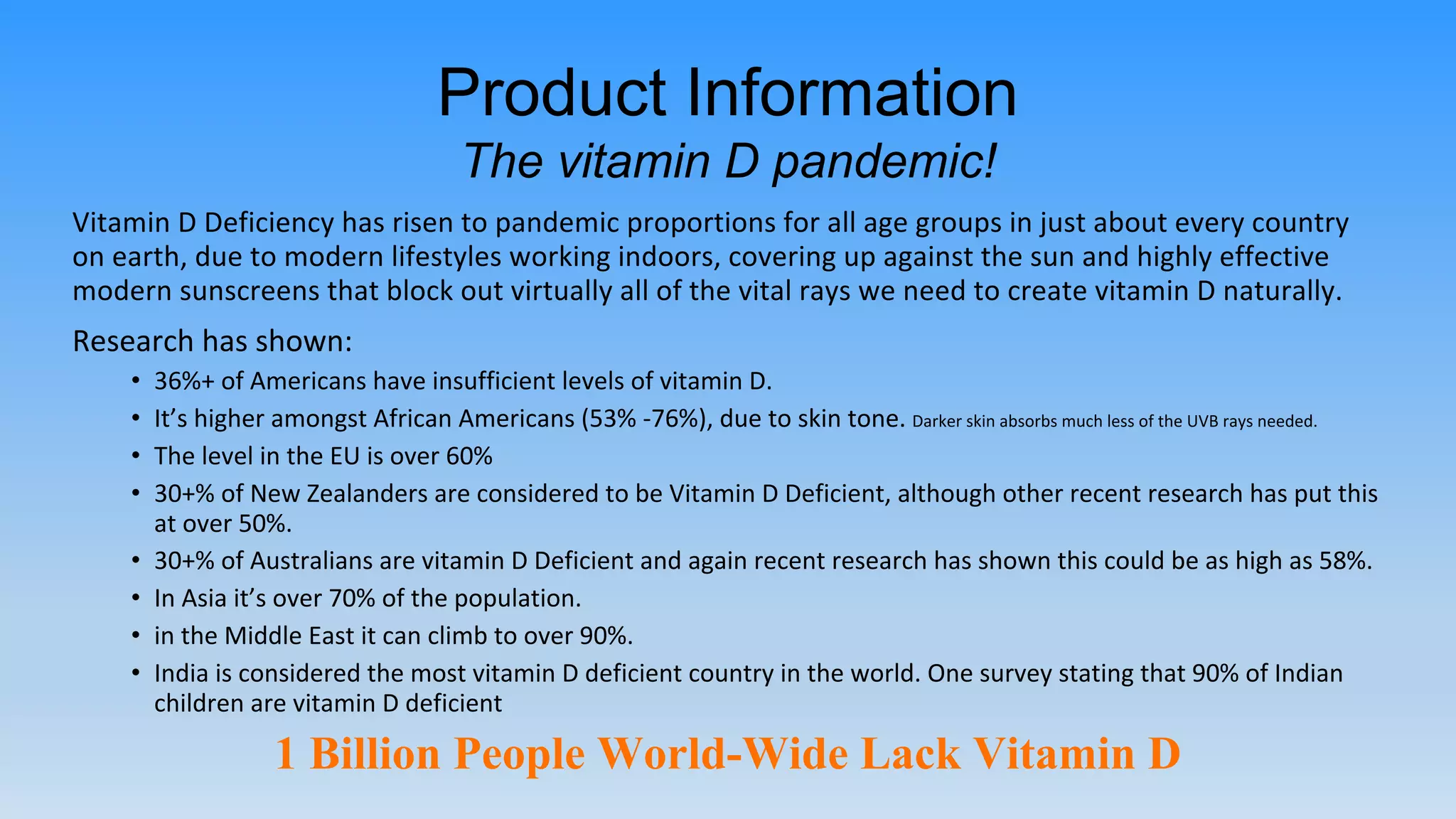 1 Billion People World-Wide Lack Vitamin D
•
•
•
•
•
•
•
•
Product Information
The vitamin D pandemic!
 