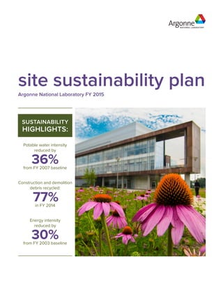 site sustainability plan
Argonne National Laboratory FY 2015
SUSTAINABILITY
HIGHLIGHTS:
Potable water intensity
reduced by
36%from FY 2007 baseline
Construction and demolition
debris recycled:
77%in FY 2014
Energy intensity
reduced by
30%from FY 2003 baseline
 