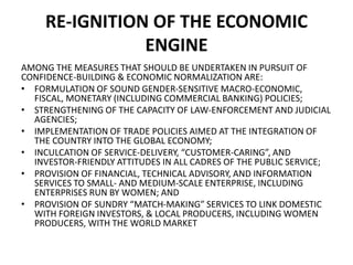 RE-IGNITION OF THE ECONOMIC
ENGINE
AMONG THE MEASURES THAT SHOULD BE UNDERTAKEN IN PURSUIT OF
CONFIDENCE-BUILDING & ECONOMIC NORMALIZATION ARE:
• FORMULATION OF SOUND GENDER-SENSITIVE MACRO-ECONOMIC,
FISCAL, MONETARY (INCLUDING COMMERCIAL BANKING) POLICIES;
• STRENGTHENING OF THE CAPACITY OF LAW-ENFORCEMENT AND JUDICIAL
AGENCIES;
• IMPLEMENTATION OF TRADE POLICIES AIMED AT THE INTEGRATION OF
THE COUNTRY INTO THE GLOBAL ECONOMY;
• INCULCATION OF SERVICE-DELIVERY, “CUSTOMER-CARING”, AND
INVESTOR-FRIENDLY ATTITUDES IN ALL CADRES OF THE PUBLIC SERVICE;
• PROVISION OF FINANCIAL, TECHNICAL ADVISORY, AND INFORMATION
SERVICES TO SMALL- AND MEDIUM-SCALE ENTERPRISE, INCLUDING
ENTERPRISES RUN BY WOMEN; AND
• PROVISION OF SUNDRY “MATCH-MAKING” SERVICES TO LINK DOMESTIC
WITH FOREIGN INVESTORS, & LOCAL PRODUCERS, INCLUDING WOMEN
PRODUCERS, WITH THE WORLD MARKET
 