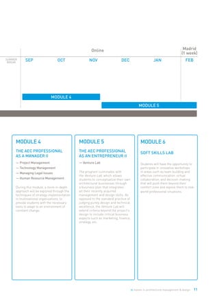 ie master in architectural management & design 11
FEB
Madrid
(1 week)
Online
SEP OCT NOV DEC JAN
MODULE 5
MODULE 4
MODULE 4
THE AEC PROFESSIONAL
AS A MANAGER II
— Project Management
— Technology Management
— Managing Legal Issues
— Human Resource Management
During this module, a more in-depth
approach will be explored through the
techniques of strategy implementation
in multinational organizations, to
provide students with the necessary
tools to adapt to an environment of
constant change.
MODULE 5
THE AEC PROFESSIONAL
AS AN ENTREPRENEUR II
— Venture Lab
The program culminates with
the Venture Lab, which allows
students to conceptualize their own
architectural businesses through
a business plan that integrates
all their recently acquired
management and design skills. As
opposed to the standard practice of
judging purely design and technical
excellence, the Venture Lab will
extend criteria beyond the project’s
design to include critical business
aspects such as marketing, finance,
strategy, etc.
MODULE 6
SOFT SKILLS LAB
Students will have the opportunity to
participate in innovative workshops
in areas such as team building and
effective communication, virtual
collaboration, and decision-making
that will push them beyond their
comfort zone and expose them to real-
world professional situations.
SUMMER
BREAK
 