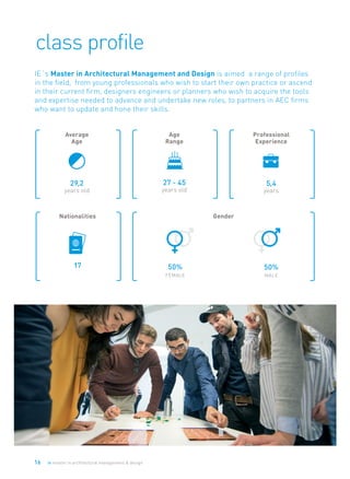 16 ie master in architectural management & design
class profile
IE´s Master in Architectural Management and Design is aimed a range of profiles
in the field, from young professionals who wish to start their own practice or ascend
in their current firm, designers engineers or planners who wish to acquire the tools
and expertise needed to advance and undertake new roles, to partners in AEC firms
who want to update and hone their skills.
Average
Age
29,2
years old
Age
Range
27 - 45
years old
Professional
Experience
5,4
years
Nationalities Gender
17 50%
female
50%
male
 