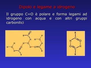 Dipolo e legame a idrogeno Il gruppo C=O è polare e forma legami ad idrogeno con acqua e con altri gruppi carbonilici 